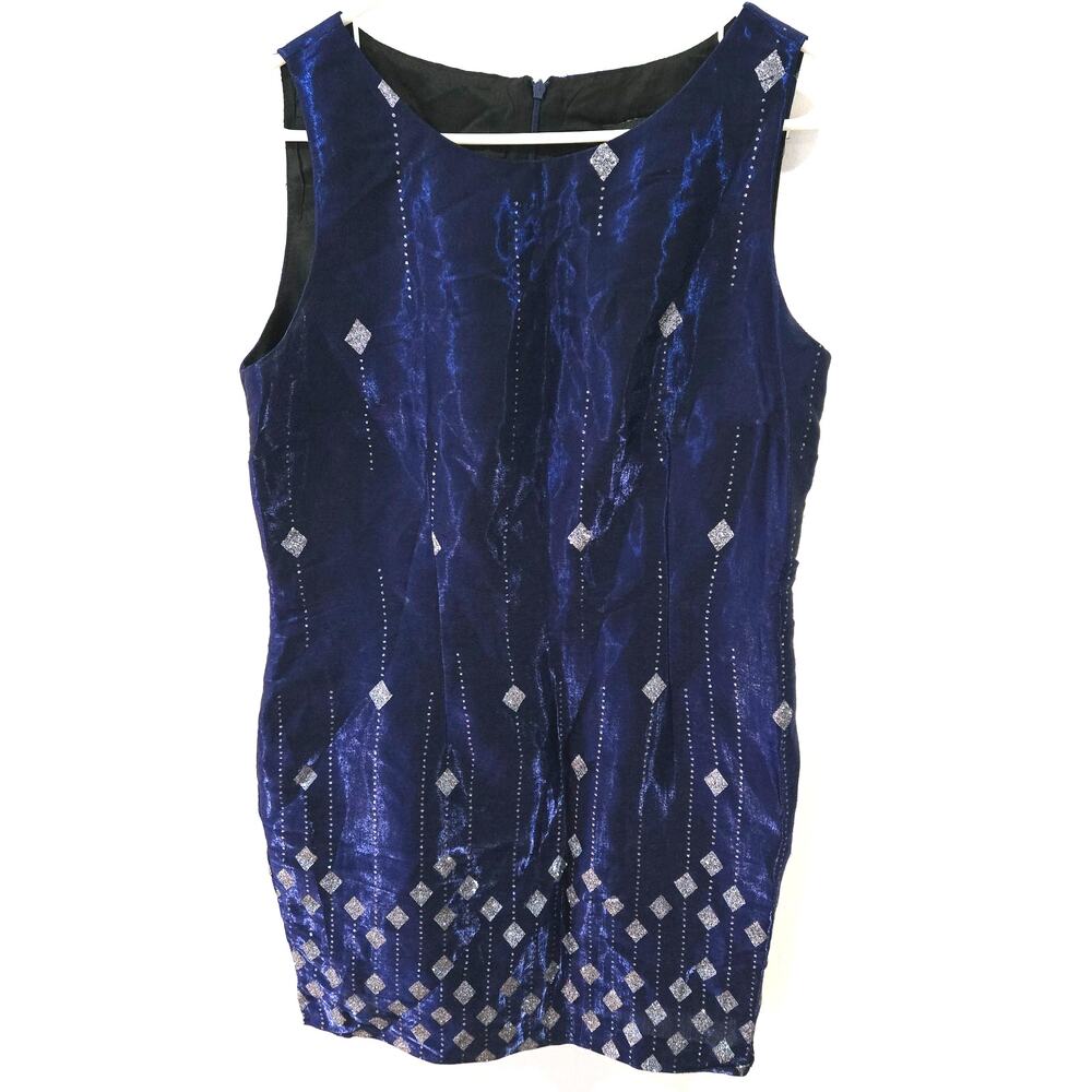 Positive Attitude Sz 12 Blue Linen Sleeveless A Line Beaded Cocktail Dress